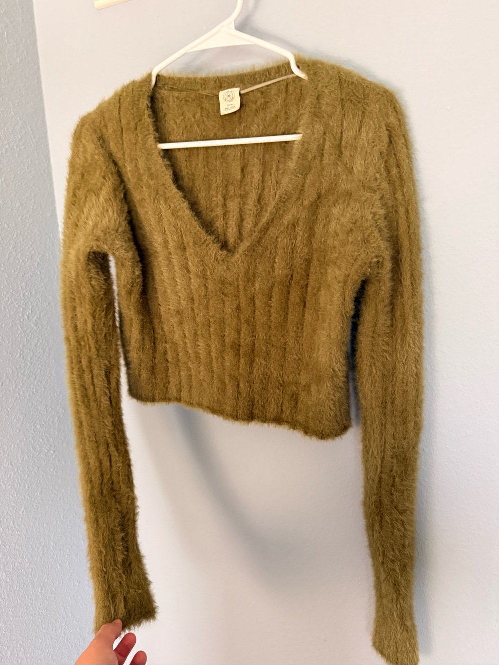 Urban Outfitters Martini Fuzzy Eyelash Olive Green Cropped Sweater Medium